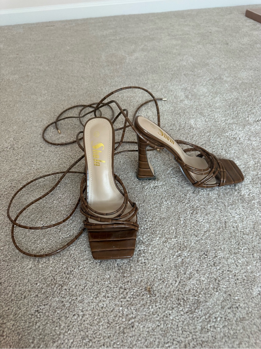 Square-Toe Brown Lace-Up Heeled Sandals